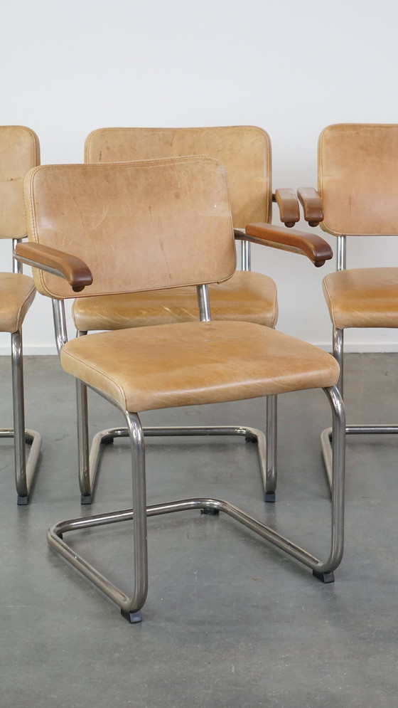 Image 1 of 4 X Vintage Leren Thonet Design Eetkamerstoel