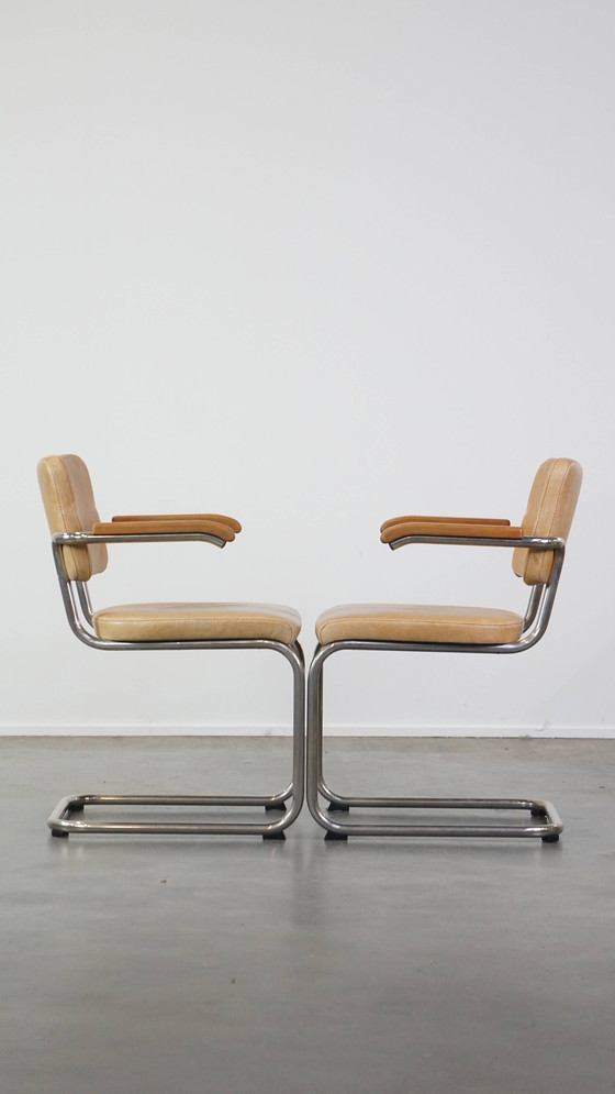 Image 1 of 4 X Vintage Leren Thonet Design Eetkamerstoel