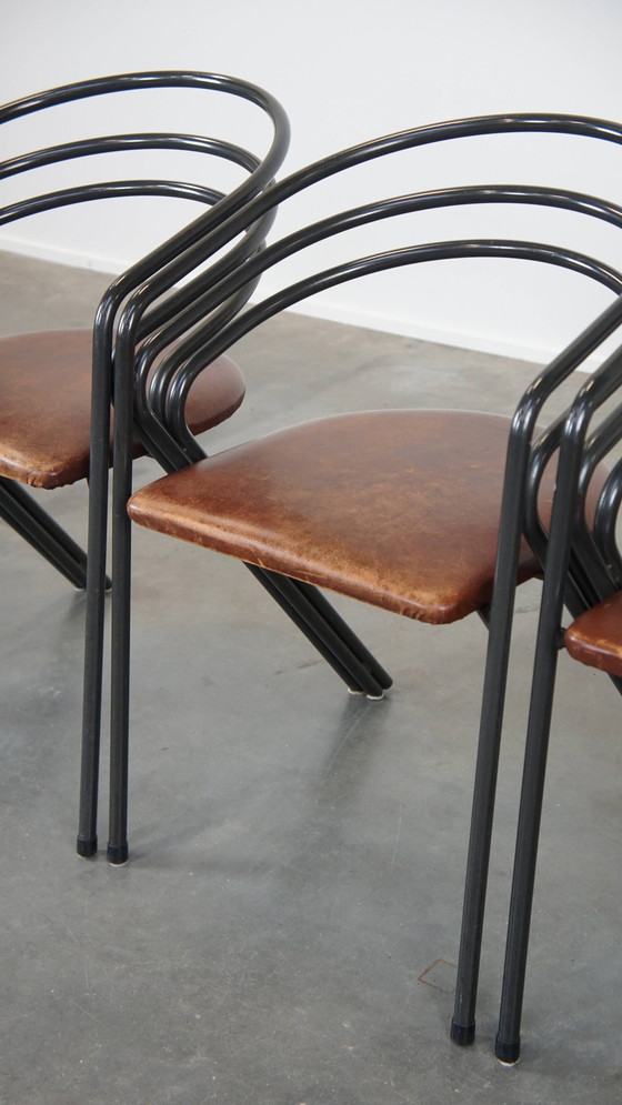 Image 1 of 4 X Design Eetkamerstoel Met Leren Zitting En Metalen Frame