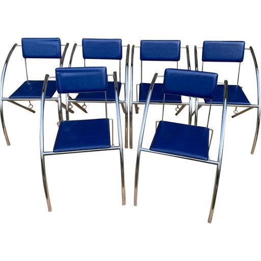 Set van 4 vintage stoelen in blauw imitatieleer en verchroomd metaal