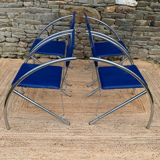 Image 1 of Set van 4 vintage stoelen in blauw imitatieleer en verchroomd metaal