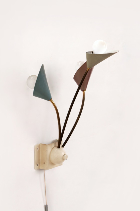 Image 1 of Vintage Wandlamp met 3 Lampjes - Messing Metaal,1960 Denemarken