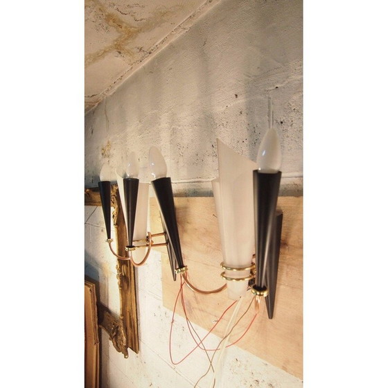 Image 1 of Paar vintage wandlampen in metaal, perspex en messing uit Lunel