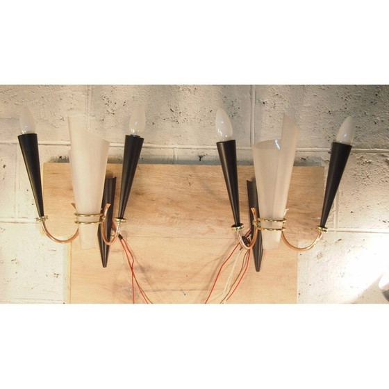 Image 1 of Paar vintage wandlampen in metaal, perspex en messing uit Lunel