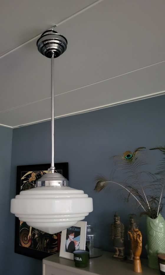 Image 1 of Art Deco Hanglamp In Gispen Style Met Wit Opaline Glazen Kap. 