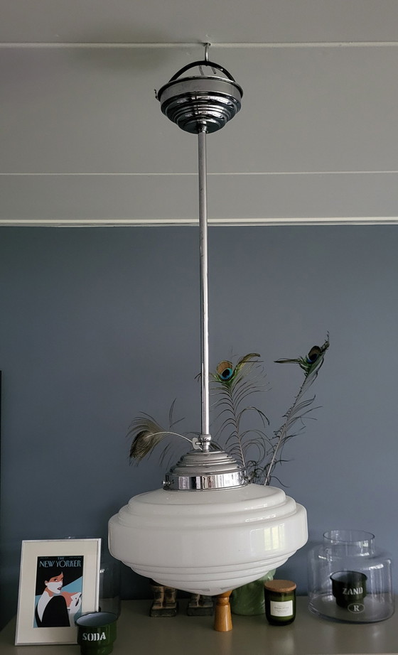 Image 1 of Art Deco Hanglamp In Gispen Style Met Wit Opaline Glazen Kap. 