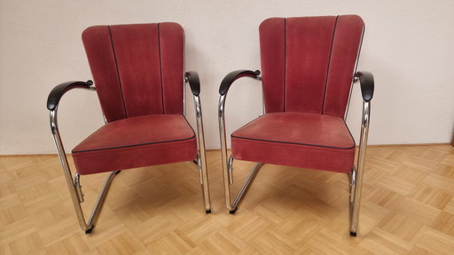 2x Gebr. van der Stroom Dutch Originals Gispen 412 Stoelen Rood Ribfluweel