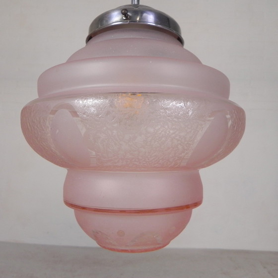 Image 1 of Art Deco Hanglamp Met Roze Glazen Kap, Jaren 30