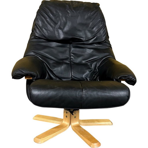 Deense vintage zwartleren draaifauteuil, 1970
