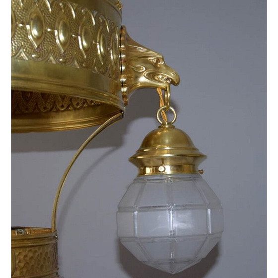Image 1 of Vintage kroonluchter van messing en glas, jaren 1910