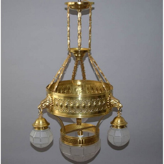 Image 1 of Vintage kroonluchter van messing en glas, jaren 1910