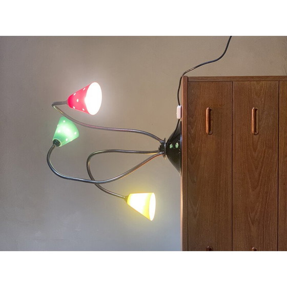 Image 1 of Vintage lamp met 3 veelkleurige glaasjes gemonteerd op 3 zwanenhalzen