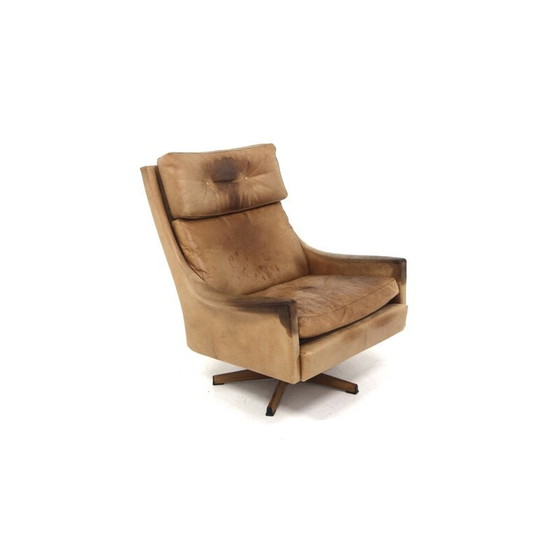 Image 1 of Vintage Minerva draaifauteuil in rozenhout en leer van Torbjørn Afdal, Zweden 1960