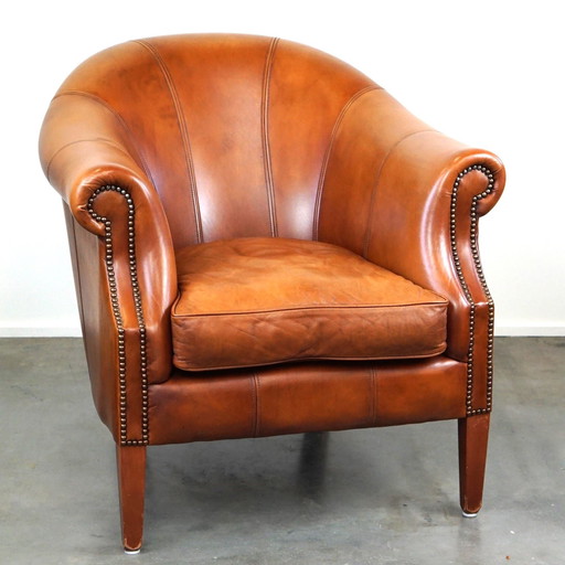 Rundleren clubfauteuil cognac kleur in Engelse stijl