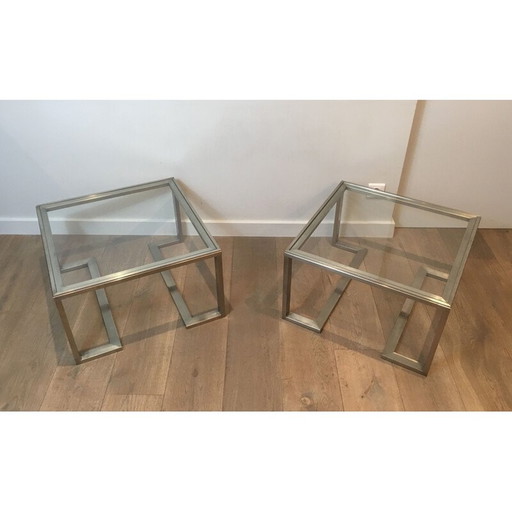 Paar vintage geborsteld stalen bankeinden, Frankrijk 1970