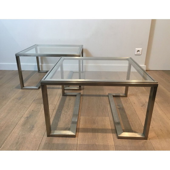 Image 1 of Paar vintage geborsteld stalen bankeinden, Frankrijk 1970