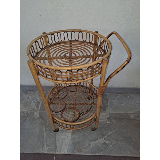 Image 1 of Mid-eeuwse Italiaanse bamboe en rotan ronde bar trolley, 1960