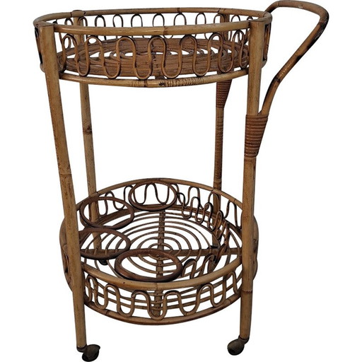 Mid-eeuwse Italiaanse bamboe en rotan ronde bar trolley, 1960