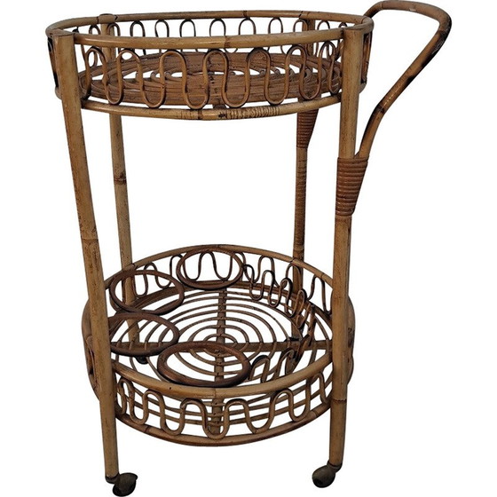 Image 1 of Mid-eeuwse Italiaanse bamboe en rotan ronde bar trolley, 1960