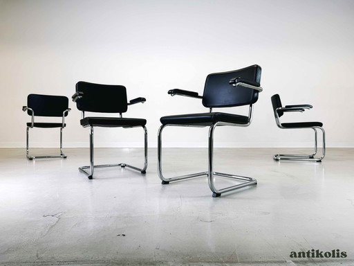 4x Thonet stoel S64 PV Marcel Breuer leer zwart