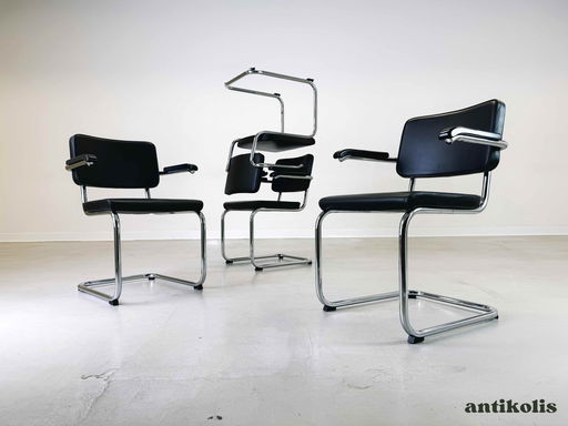 4x Thonet stoel S64 PV Marcel Breuer leer zwart