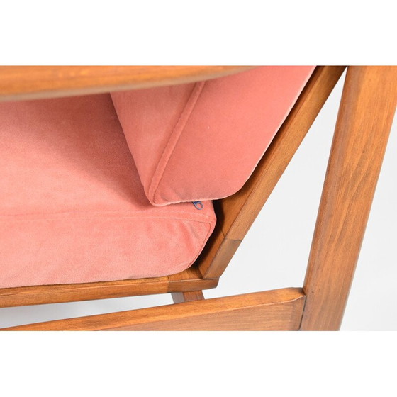 Image 1 of Vintage teakhouten en roze fluwelen fauteuil van Zenon Baczyk, Denemarken 1960