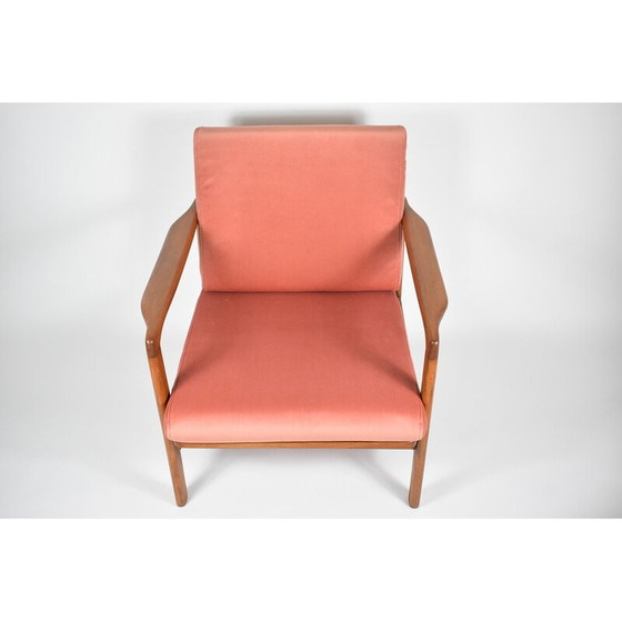 Image 1 of Vintage teakhouten en roze fluwelen fauteuil van Zenon Baczyk, Denemarken 1960