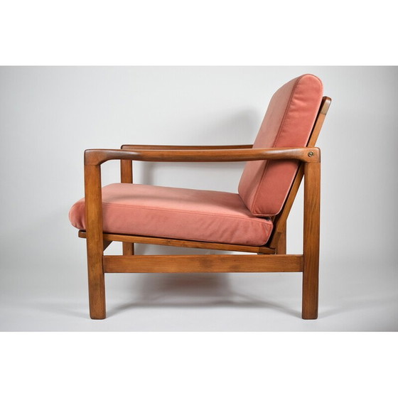 Image 1 of Vintage teakhouten en roze fluwelen fauteuil van Zenon Baczyk, Denemarken 1960