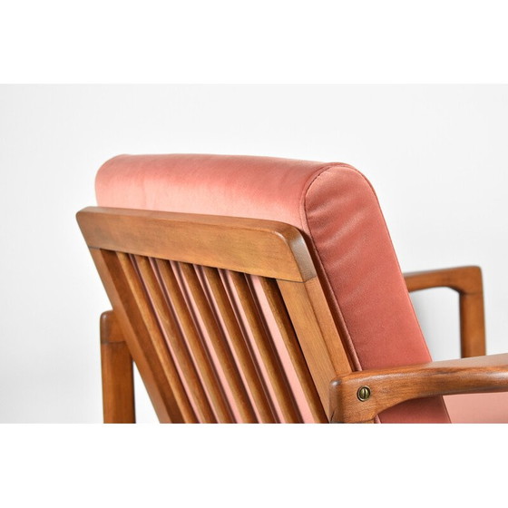Image 1 of Vintage teakhouten en roze fluwelen fauteuil van Zenon Baczyk, Denemarken 1960