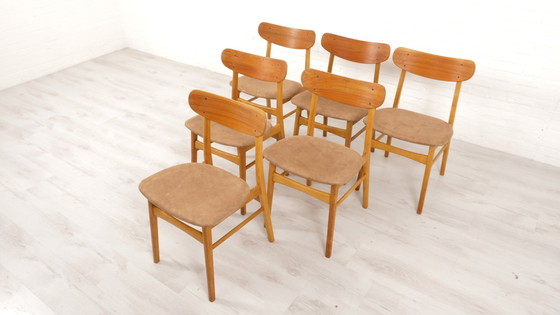 Image 1 of 6 X Eetkamerstoelen Deens Design Teak Opnieuw Gestoffeerd 