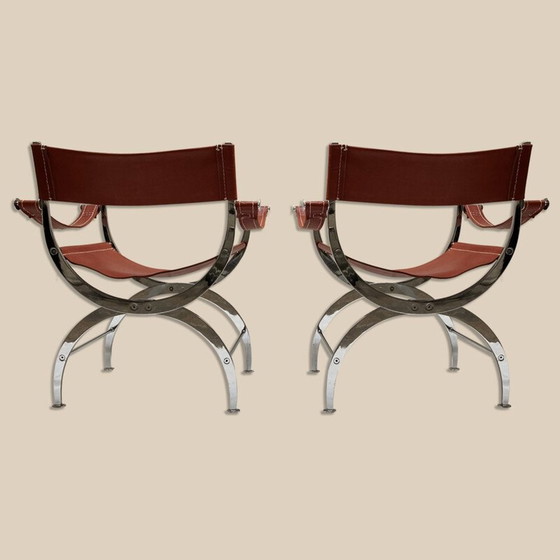 Image 1 of Paar vintage curules stoelen van leer en verchroomd metaal, 1970