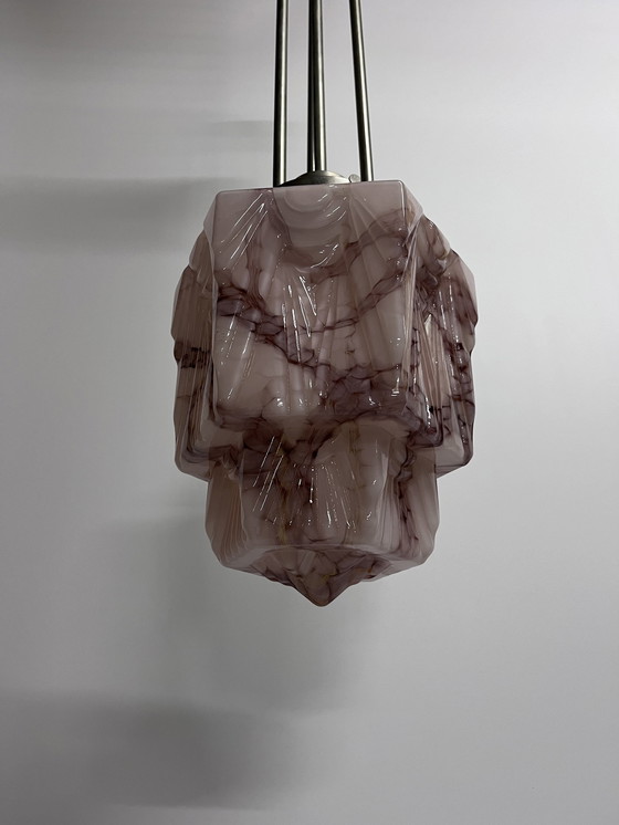 Image 1 of Roze Gemarmerde Vintage Art Deco Skyscraper Plafondlamp Hanglamp Met Luxe Pendule