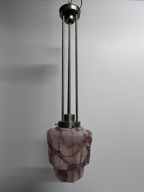 Image 1 of Roze Gemarmerde Vintage Art Deco Skyscraper Plafondlamp Hanglamp Met Luxe Pendule