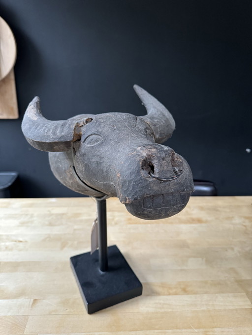 Carved Wooden Buffalo Head On A Metal Stand