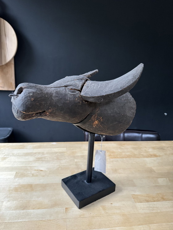 Image 1 of Carved Wooden Buffalo Head On A Metal Stand