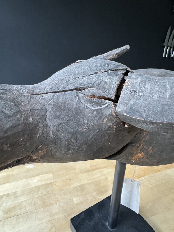 Image 1 of Carved Wooden Buffalo Head On A Metal Stand