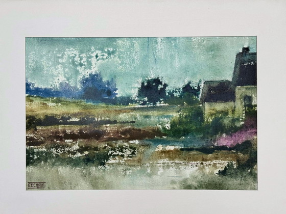 Image 1 of Aquarel landschap (2 Kunstwerken) - Eugène Eechaut (1928-2019)