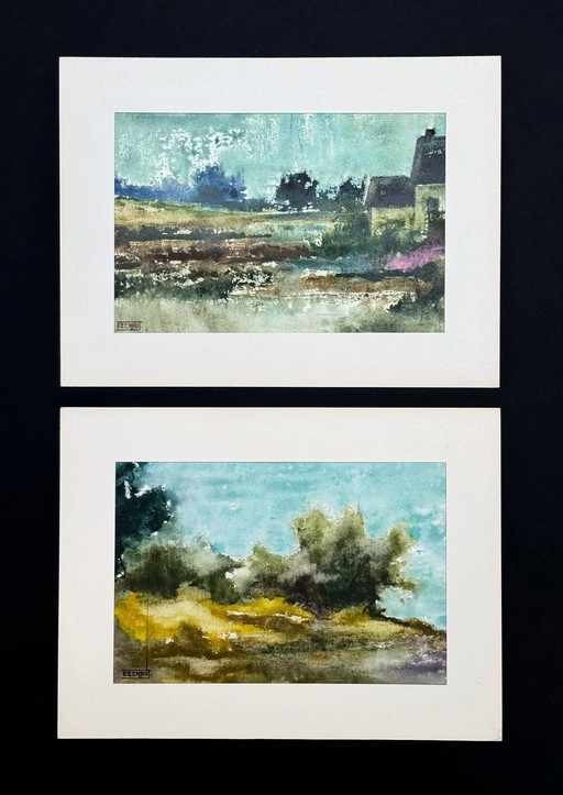 Aquarel landschap (2 Kunstwerken) - Eugène Eechaut (1928-2019)