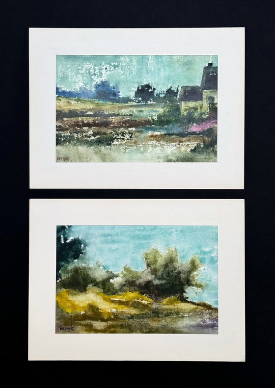 Image 1 of Aquarel landschap (2 Kunstwerken) - Eugène Eechaut (1928-2019)