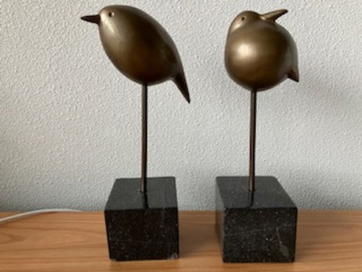 2x Massief Bronzen Vogels Op Granieten Voet