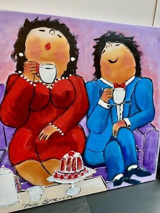 Image 1 of Theo Broeren "Kopje Thee Met Gebak" - Origineel Schilderij Op Canvas - 100Cm X 160Cm - Met Certificaat Van Echtheid