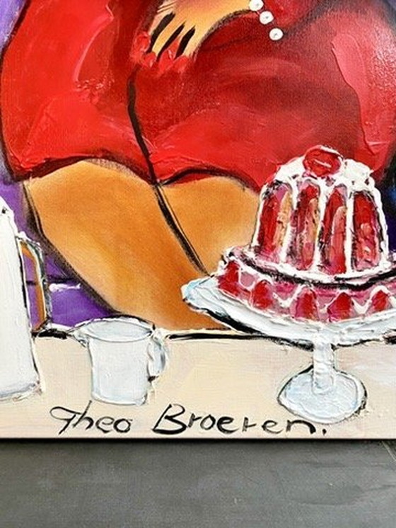 Image 1 of Theo Broeren "Kopje Thee Met Gebak" - Origineel Schilderij Op Canvas - 100Cm X 160Cm - Met Certificaat Van Echtheid