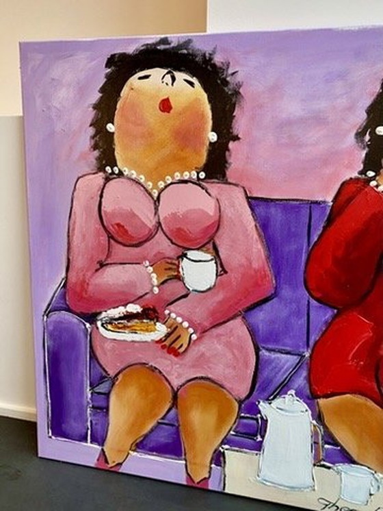 Image 1 of Theo Broeren "Kopje Thee Met Gebak" - Origineel Schilderij Op Canvas - 100Cm X 160Cm - Met Certificaat Van Echtheid