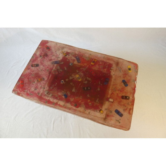 Image 1 of Rode vintage salontafel met travertijnen voet