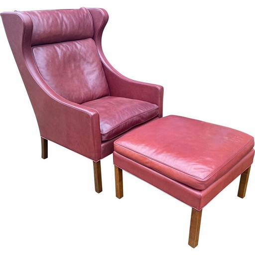 Vintage Indiase roodleren fauteuil en voetensteun door Borge Mogensen, 2004
