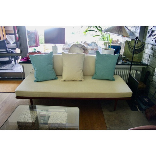 Vintage Minerva daybed in massief teakhout en alcantara van Peter Hvidt voor John Stuart, 1950