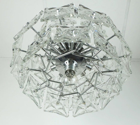 Image 1 of Elegante Kinkeldey Mid Century Hanglamp Kristal Glas En Chroom Met 30 Glazen Prisma's 1960S Kroonluchter