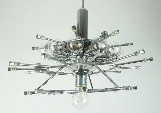 Image 1 of Elegante Kinkeldey Mid Century Hanglamp Kristal Glas En Chroom Met 30 Glazen Prisma's 1960S Kroonluchter