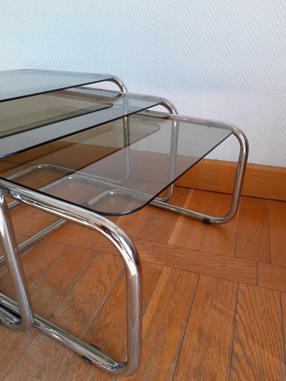 Image 1 of 3 X Vintage Chroom en Rookglas Nesting Tables