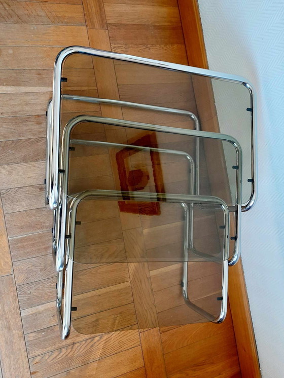 Image 1 of 3 X Vintage Chroom en Rookglas Nesting Tables